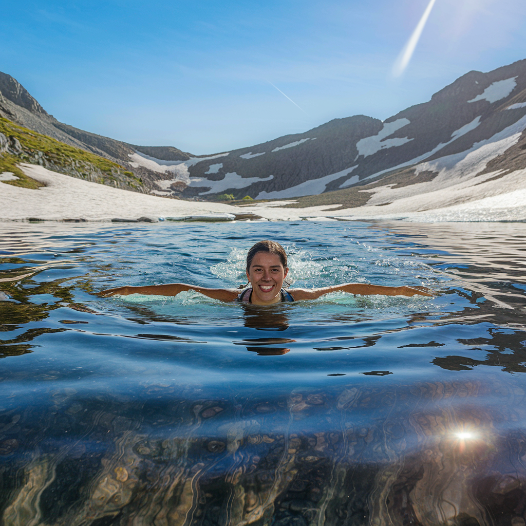 Une randonneuse se baigne dans un lac par eau froide. Il reste de la neige autour.