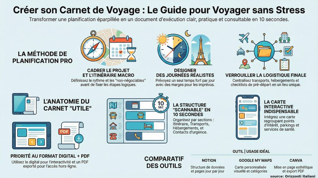 Comment créer son carnet de voyage. Source: Orizzonti Italiani, travel planner spécialiste des destinations en Italie.