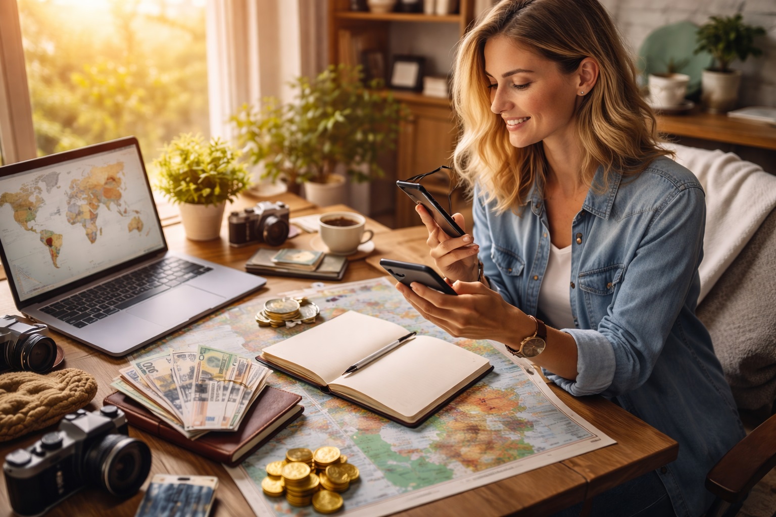 Une travel planner qui fait ses comptes et qui calcule combien elle a gagné.