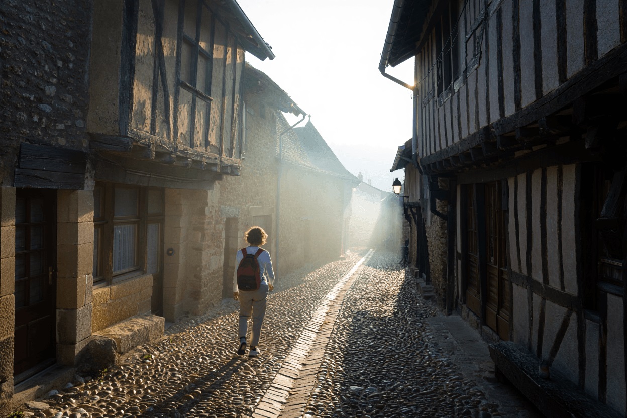 Village médiéval aveyronnais à l'aube