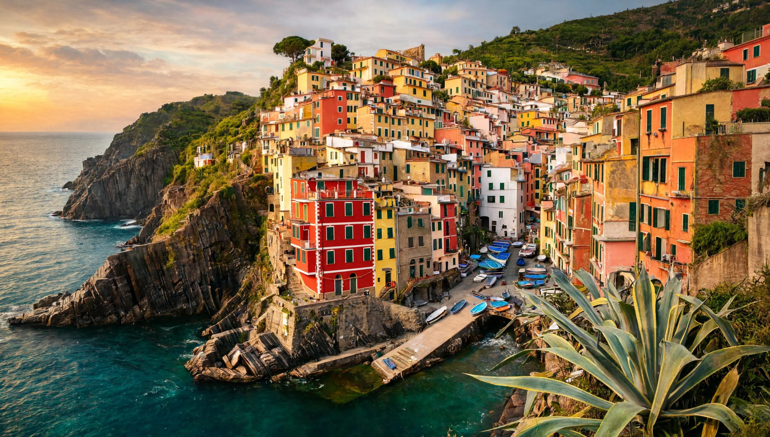 Le village de Riomaggiore et son port encaissé, Cinque Terre, Ligurie