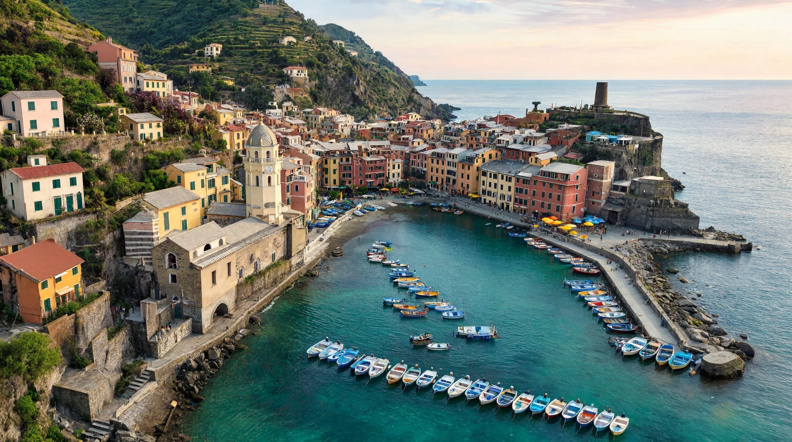 Le petit port de Vernazza vu d'en haut au matin, Cinque Terre, Riviera italienne